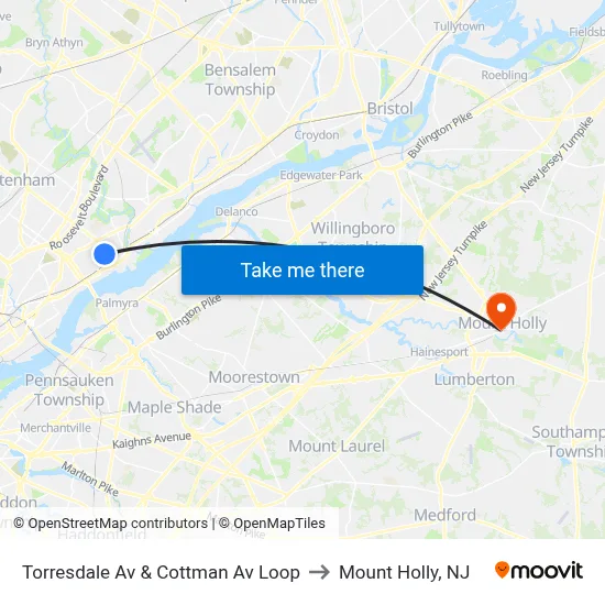 Torresdale Av & Cottman Av Loop to Mount Holly, NJ map
