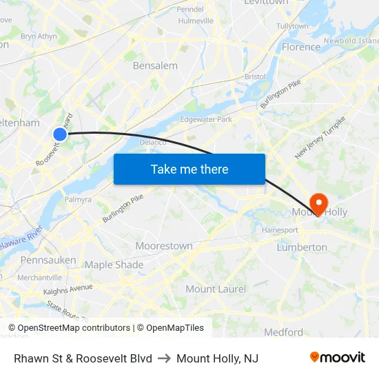 Rhawn St & Roosevelt Blvd to Mount Holly, NJ map