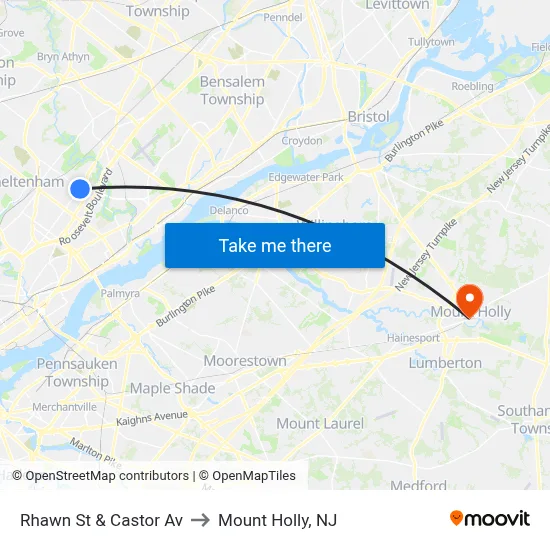 Rhawn St & Castor Av to Mount Holly, NJ map
