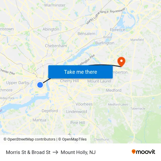 Morris St & Broad St to Mount Holly, NJ map