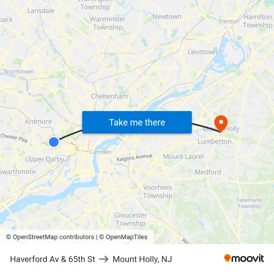 Haverford Av & 65th St to Mount Holly, NJ map