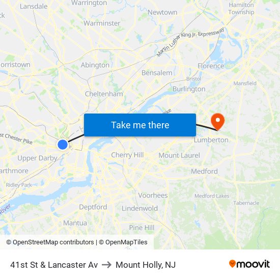 41st St & Lancaster Av to Mount Holly, NJ map