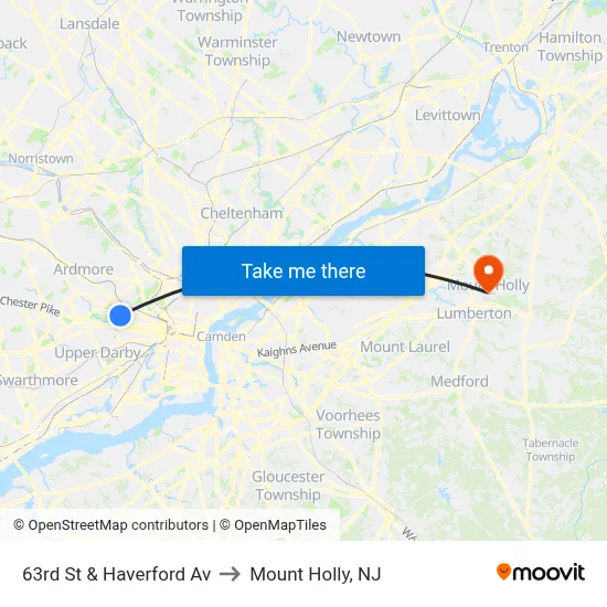 63rd St & Haverford Av to Mount Holly, NJ map