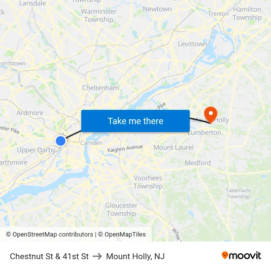 Chestnut St & 41st St to Mount Holly, NJ map