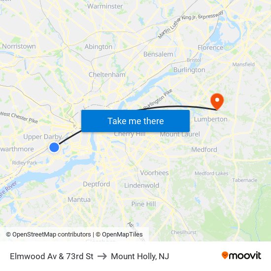 Elmwood Av & 73rd St to Mount Holly, NJ map