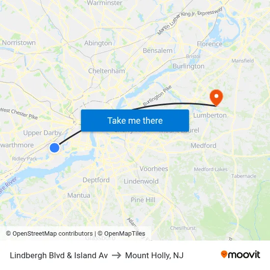 Lindbergh Blvd & Island Av to Mount Holly, NJ map