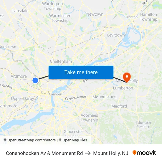 Conshohocken Av & Monument Rd to Mount Holly, NJ map