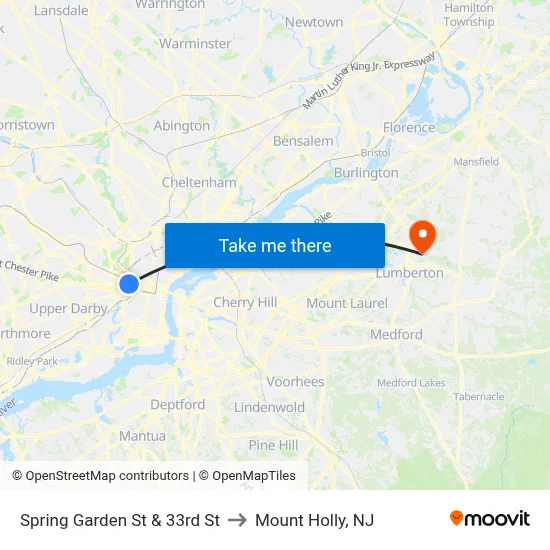 Spring Garden St & 33rd St to Mount Holly, NJ map