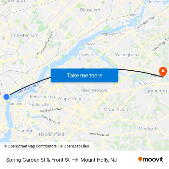 Spring Garden St & Front St to Mount Holly, NJ map