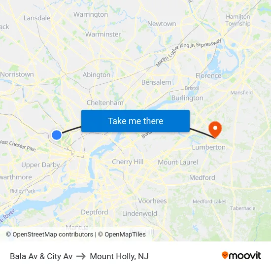 Bala Av & City Av to Mount Holly, NJ map