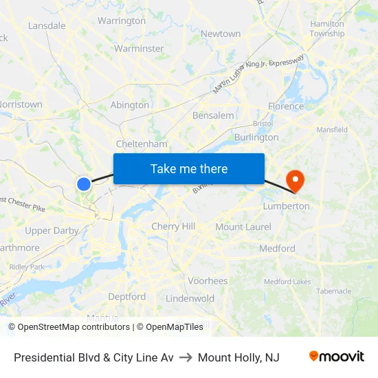 Presidential Blvd & City Line Av to Mount Holly, NJ map