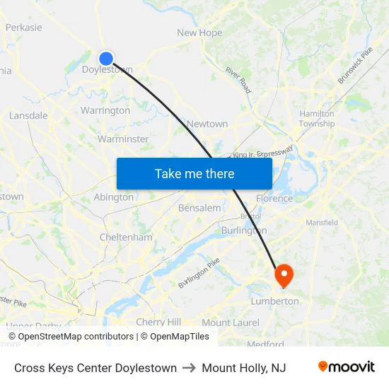 Cross Keys Center Doylestown to Mount Holly, NJ map