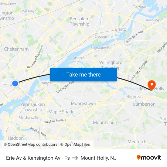 Erie Av & Kensington Av - Fs to Mount Holly, NJ map