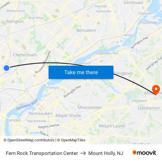 Fern Rock Transportation Center to Mount Holly, NJ map