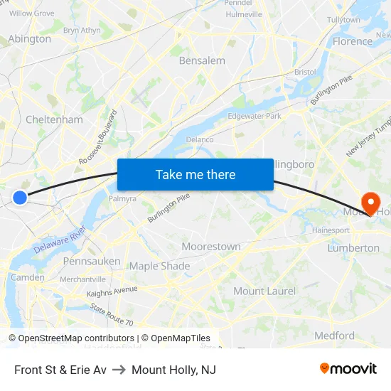 Front St & Erie Av to Mount Holly, NJ map
