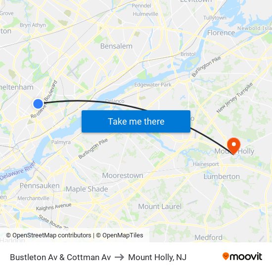 Bustleton Av & Cottman Av to Mount Holly, NJ map