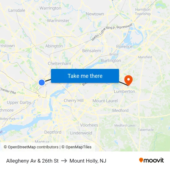 Allegheny Av & 26th St to Mount Holly, NJ map