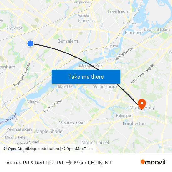 Verree Rd & Red Lion Rd to Mount Holly, NJ map