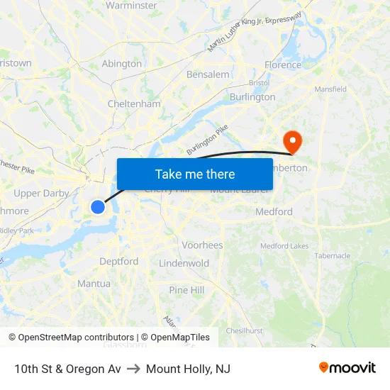 10th St & Oregon Av to Mount Holly, NJ map