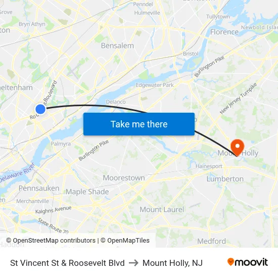 St Vincent St & Roosevelt Blvd to Mount Holly, NJ map