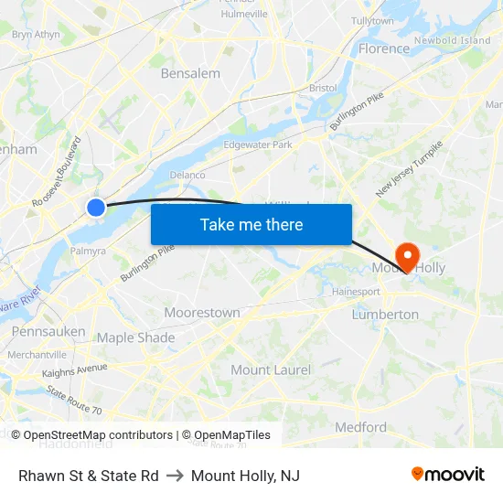 Rhawn St & State Rd to Mount Holly, NJ map