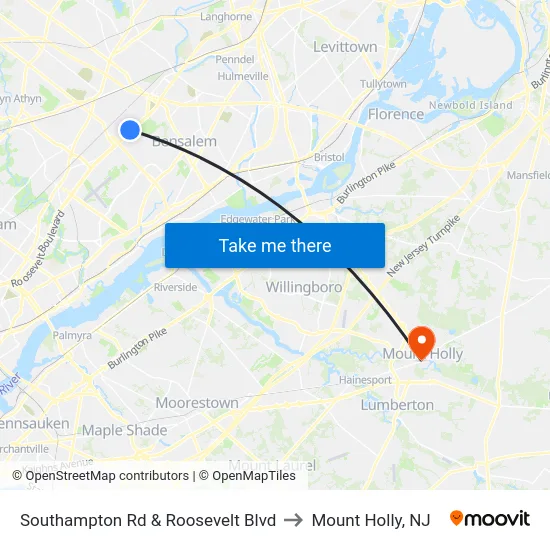 Southampton Rd & Roosevelt Blvd to Mount Holly, NJ map
