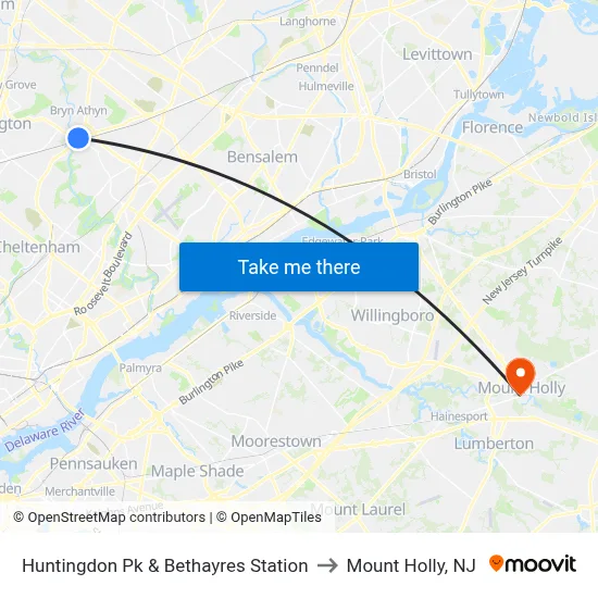 Huntingdon Pk & Bethayres Station to Mount Holly, NJ map