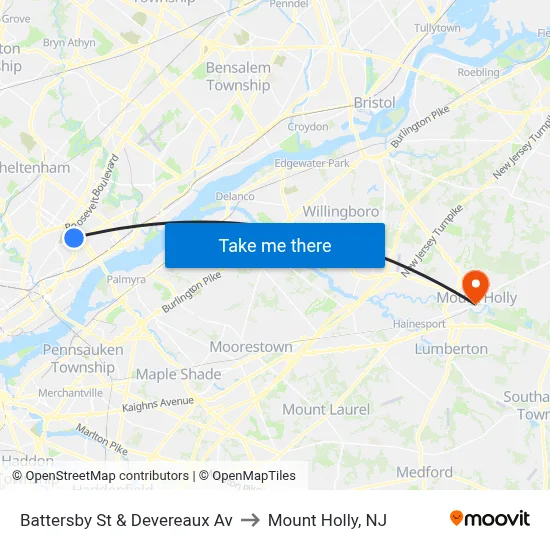 Battersby St & Devereaux Av to Mount Holly, NJ map