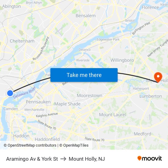 Aramingo Av & York St to Mount Holly, NJ map