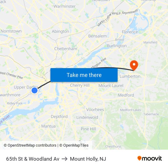 65th St & Woodland Av to Mount Holly, NJ map