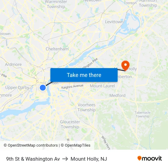 9th St & Washington Av to Mount Holly, NJ map