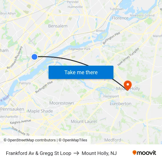 Frankford Av & Gregg St Loop to Mount Holly, NJ map
