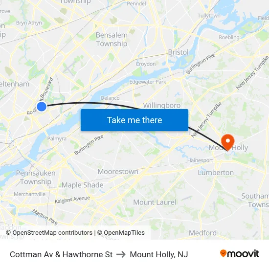 Cottman Av & Hawthorne St to Mount Holly, NJ map