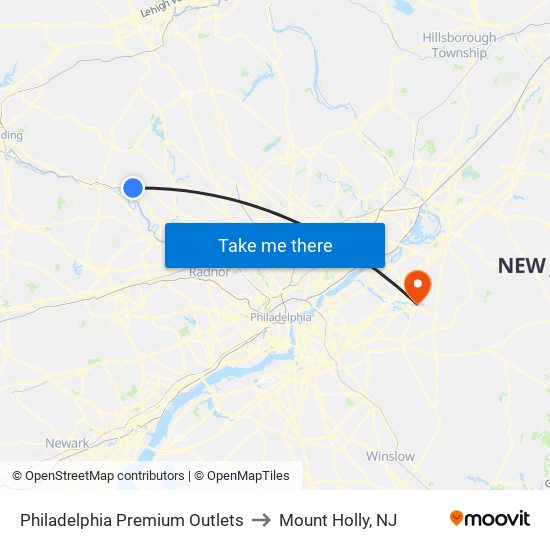 Philadelphia Premium Outlets to Mount Holly, NJ map