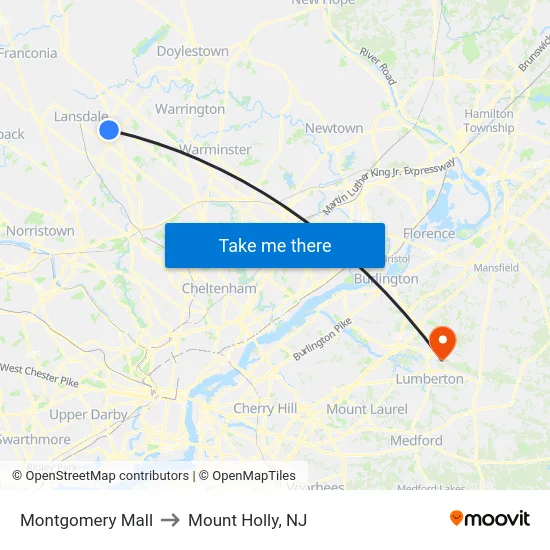 Montgomery Mall to Mount Holly, NJ map
