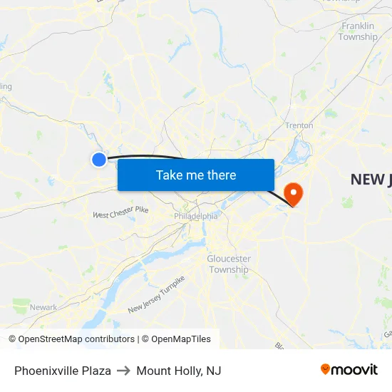 Phoenixville Plaza to Mount Holly, NJ map
