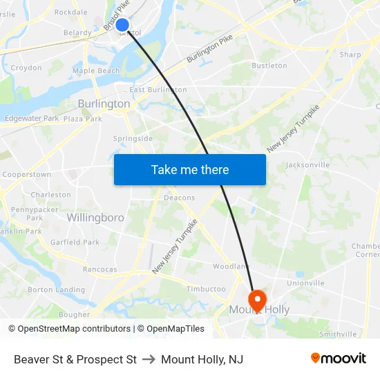 Beaver St & Prospect St to Mount Holly, NJ map