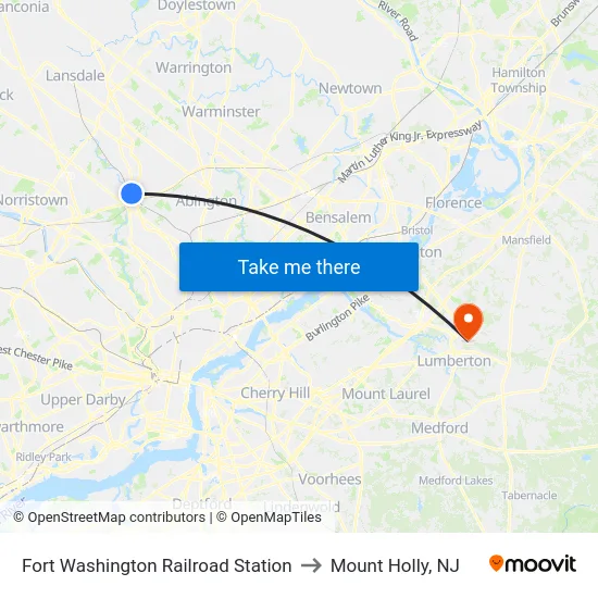 Fort Washington Railroad Station to Mount Holly, NJ map