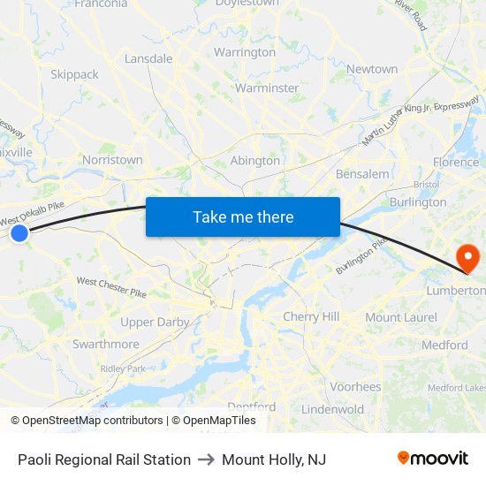 Paoli Regional Rail Station to Mount Holly, NJ map