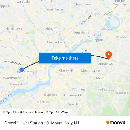 Drexel Hill Jct Station to Mount Holly, NJ map