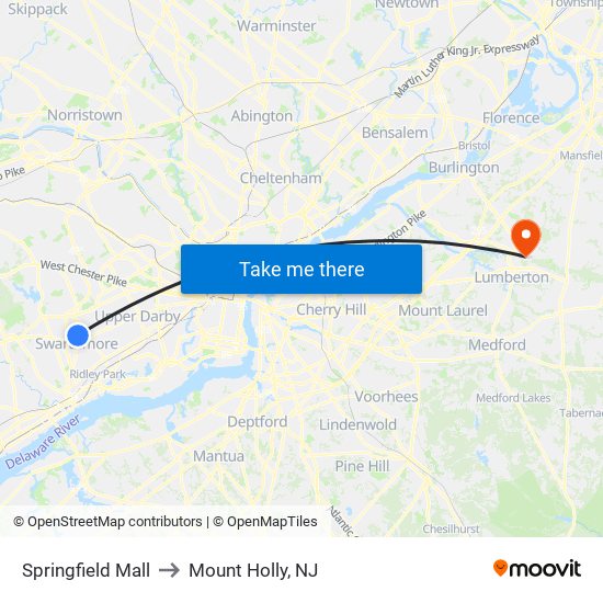 Springfield Mall to Mount Holly, NJ map