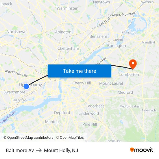 Baltimore Av to Mount Holly, NJ map