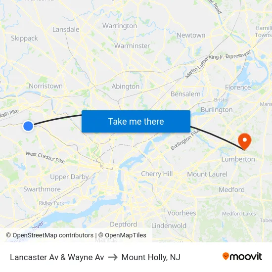 Lancaster Av & Wayne Av to Mount Holly, NJ map
