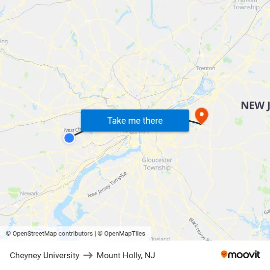 Cheyney University to Mount Holly, NJ map