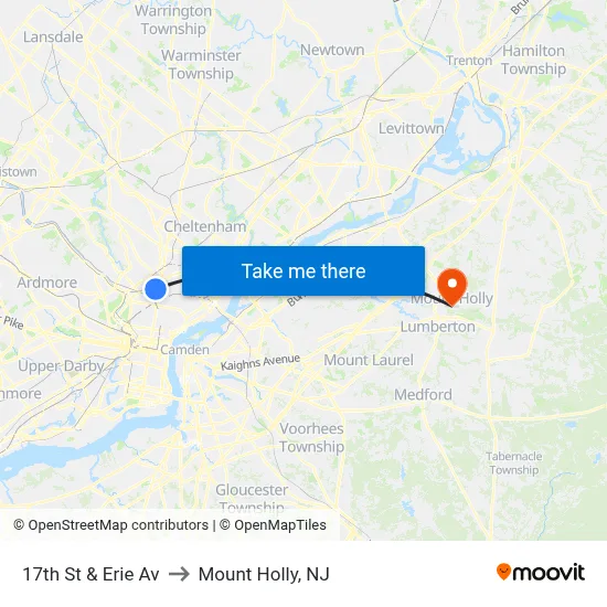 17th St & Erie Av to Mount Holly, NJ map