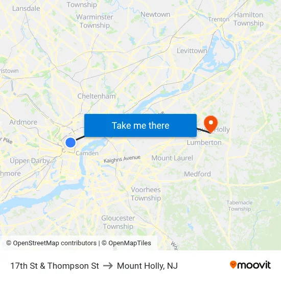 17th St & Thompson St to Mount Holly, NJ map