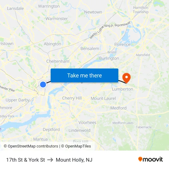 17th St & York St to Mount Holly, NJ map