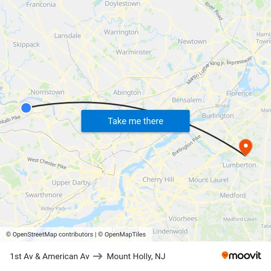 1st Av & American Av to Mount Holly, NJ map