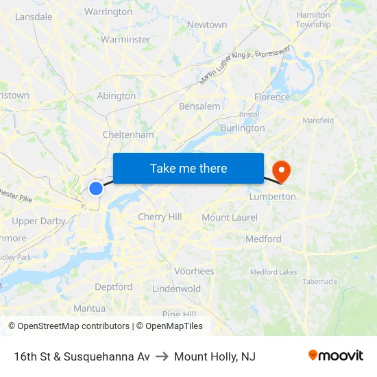 16th St & Susquehanna Av to Mount Holly, NJ map