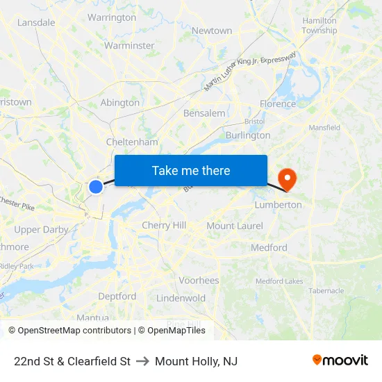 22nd St & Clearfield St to Mount Holly, NJ map